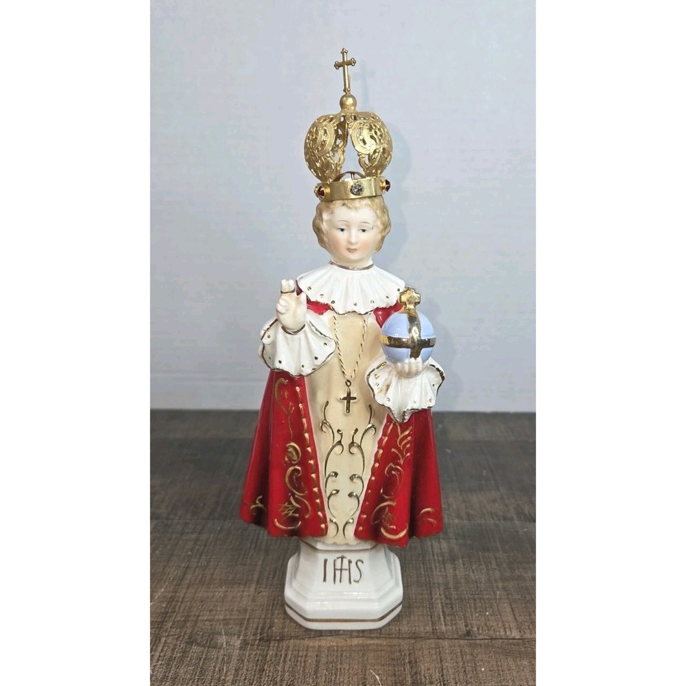 Vtg Infant of Prague Statue Porcelain Ornate Gold Metal Crown Japan IHS Figurine